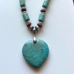 Blue and Silver Heart Pendant Necklace with Natural Beads